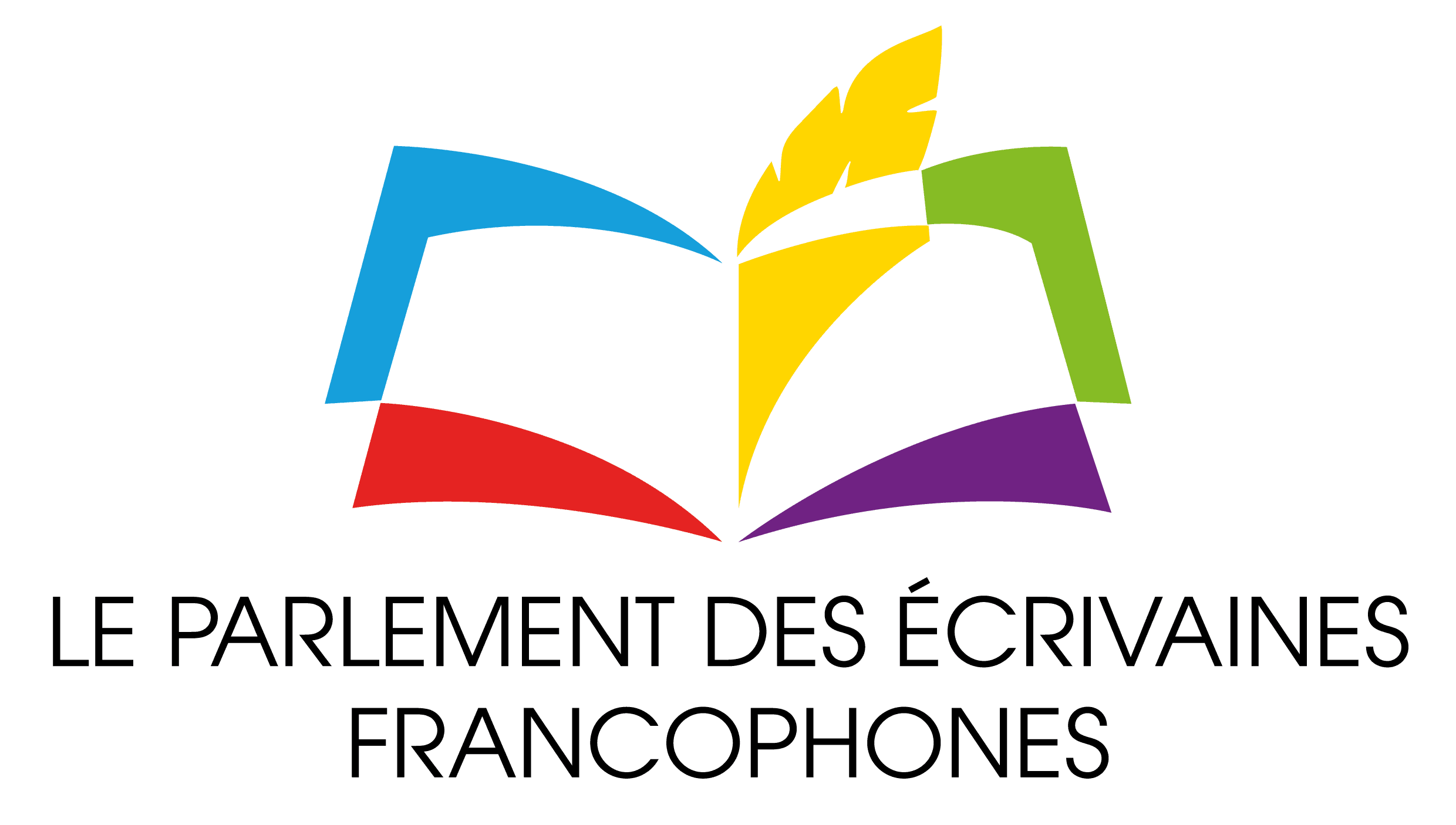 Logo du Parlement des Ecrivaines Francophones - un livre ouvert avec une plume jaune au centre